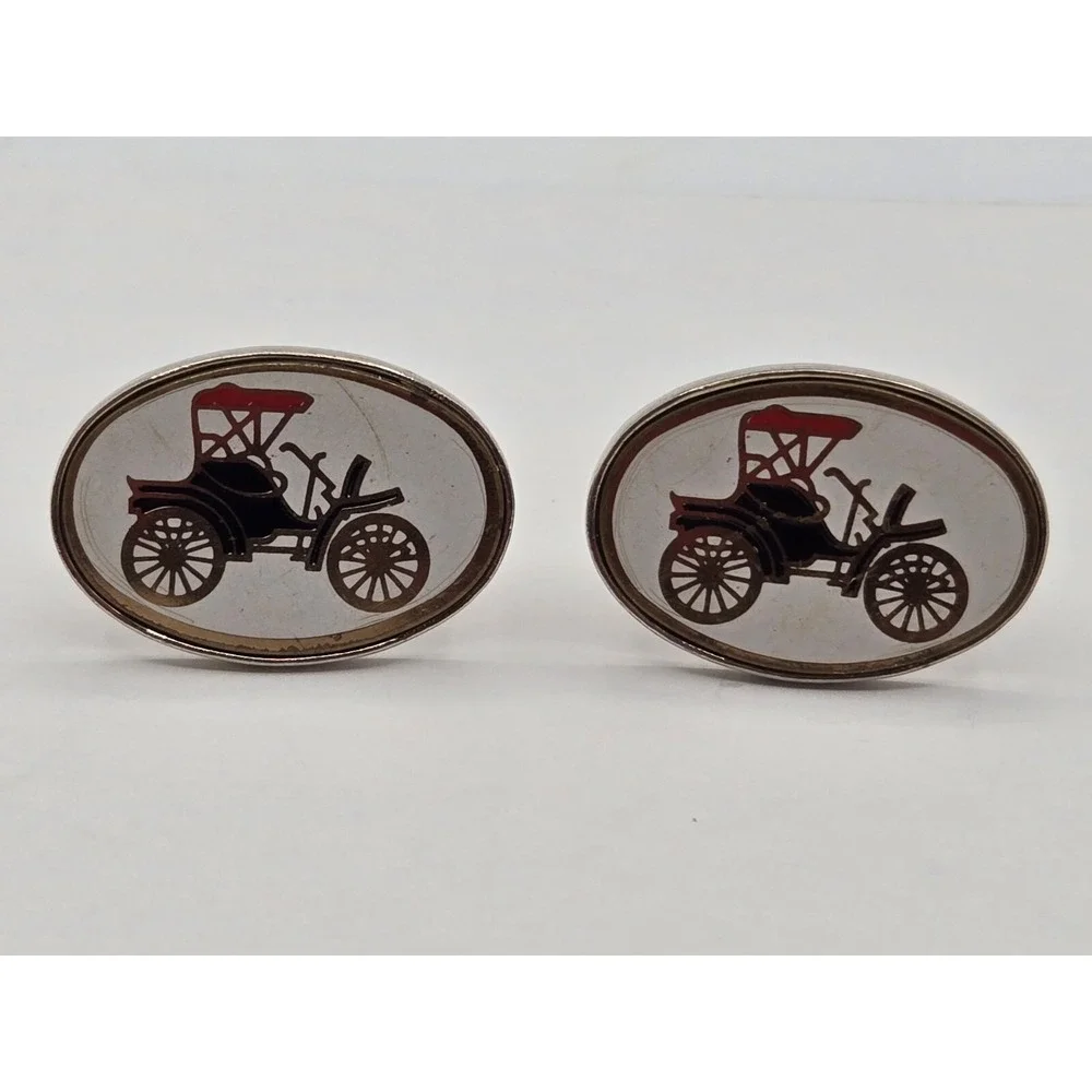 Vtg Automobile Antique Coupe Cufflinks Enamel White Black Red Goldtone Car